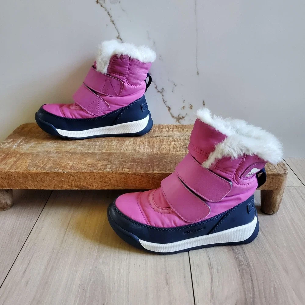 Sorel Boots Kids 9 Pink Hook & Loop Faux Fur Insulated Winter Snow NC3875-547
